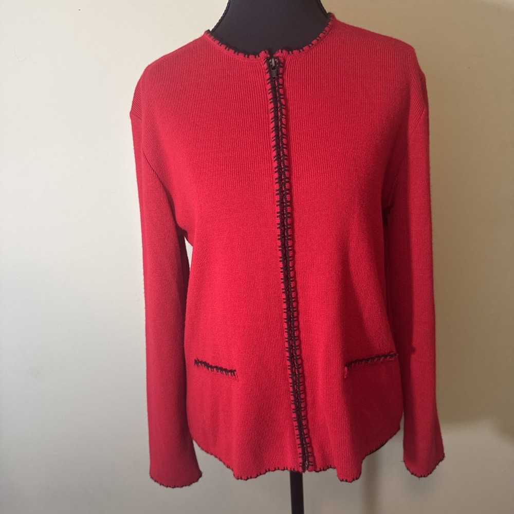 Vintage Sweater Red Zipper Embroidered Donna Ricco‎ Black Accents Women's Medium